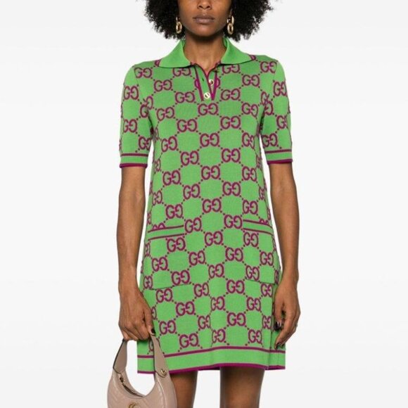 Gucci Green & Purple GG Monogram-Jacquard Polo Mini Dress - Picture 1 of 15